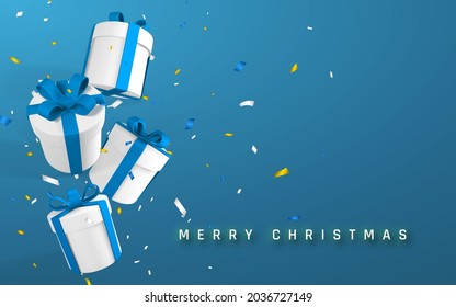 Festive Christmas or New Year Background with 3D realistic paper white gift boxes with blue ribbon and bow. Paper boxes falling with confetti. Vector illustration.