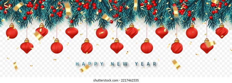 Festive Christmas or New Year Background. Christmas tree branches with holly berries, confetti and xmas balls. Holiday's Background. Vector illustration.