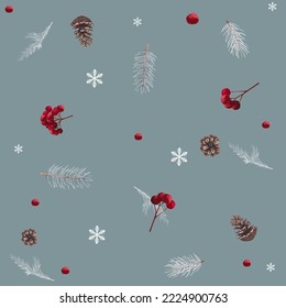 festive christmas, new year background with the image of watercolor red rowan berries and fir branches and cones