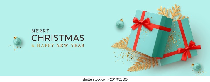Festive Christmas and New Year banner, horizontal poster, header for website. Xmas Background  of design realistic blue 3d render gifts box, golden fern branches, glitter gold confetti, bauble ball.