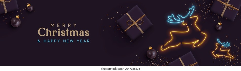 Festive Christmas and New Year banner, horizontal poster, header for website. Xmas Background realistic gift box, bauble ball, glitter gold confetti, deer symbol neon light effect. Holiday composition