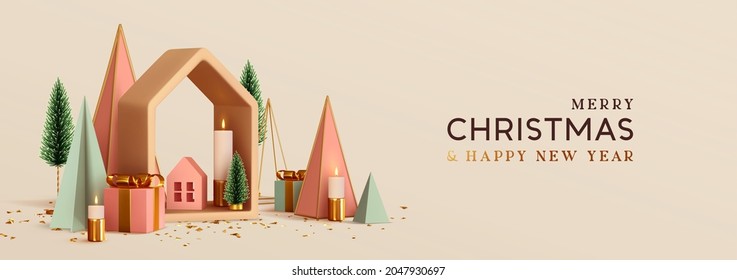 Festive Christmas and New Year banner, horizontal poster, header for website. Xmas Realistic design pine fir lush tree, house, candles, gifts box. Abstract 3d geometric objects. Vector illustration