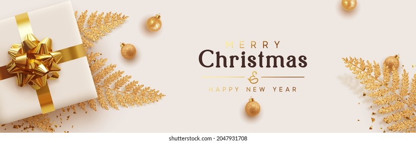 Festive Christmas and New Year banner, horizontal poster, header for website. Xmas design of realistic 3d render gift box, golden fern branches, glitter gold confetti, bauble ball. Vector illustration