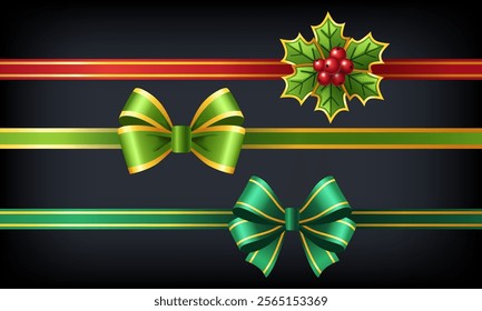 Festive Christmas and New Year bows and decorations with ribbons and holly berries in realistic style. Dark background.