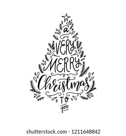 Festive Christmas and New Year calligraphy phrase A very Merry Christmas To You. Modern lettering for cards, posters, t-shirts, etc. with handdrawn doodle stars. Vector illustration.