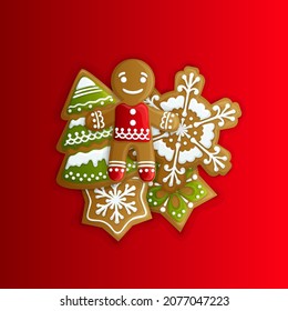 Festive Christmas and New Year card invitation banner template, traditional cozy warm home scene, gingerbread man with candy cane on the table.