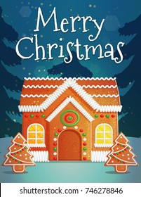 Festive Christmas And New Year Card Invitation Banner Template, Traditional Snowy Outdoor Scene, Christmas Gingerbread House And Fir Trees With Icing.