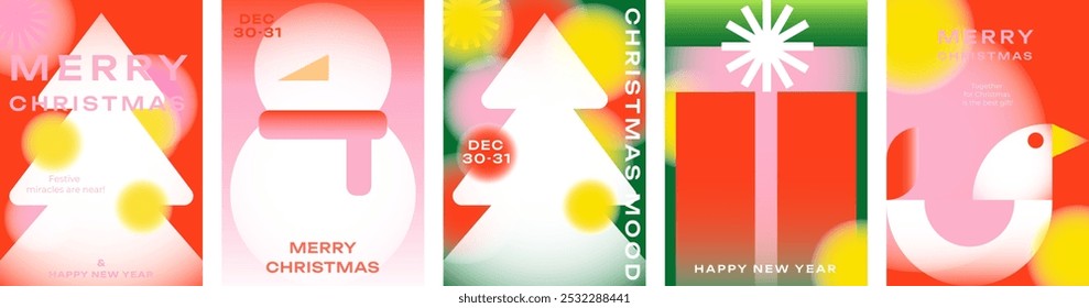 Festliche Weihnachts- und Neujahrskarten mit Bäumen, Schneemann und Geschenken. Perfekt für Feiertagsgrüße, Einladungen, Banner und andere Weihnachtsprojekte. Helles und modernes Design für die Ferienzeit.