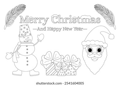 Festive Christmas and New Year coloring page featuring Santa, a cheerful snowman, and holiday gifts. Perfect for kids activities.