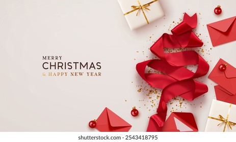 Festive Christmas and New Year composition with a red ribbon in the shape of Christmas tree. Red envelopes, gold confetti, wrapped gifts on beige background. Realistic 3d design. vector illustration