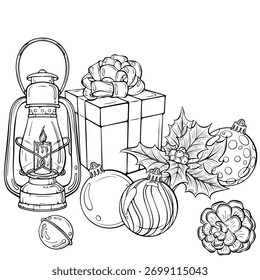 Navidades festivas o composición de año Nuevo con caja de regalo, bolas de árbol, hojas de acebo, linterna de vela. Para la tarjeta de vacaciones, cartel. Ilustración vectorial en estilo de boceto dibujado a mano. Arte de línea aislado en blanco