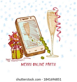 Festive Christmas, New year concept holiday online greeting party Hand drawn smartphone, gifts, glass of champagne on snowy background Text Merry online party Vector art illustrations