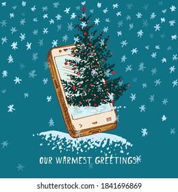 Festive Christmas, New year concept holiday online greeting Hand drawn smartphone and fir tree decorated red balls on snowy background Text Our warmest greeting Vector art illustrations