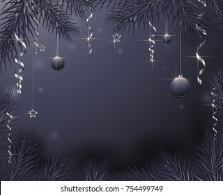 festive Christmas and new year dark background with fir branches balls sparkling stars streamers for the decoration of greeting cards, posters and banners vector