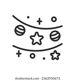 Festive Christmas and New Year Decorations Icon. Vector Outline Editable Isolated Sign of Sparkling Garlands and Illuminating Light Strings