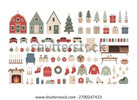 Festive Christmas and New Year flat vector icon set with hand drawn Xmas tree, holiday houses, red cars, gifts, balls, and home interior items including tables, chairs, carpets, vases, and food for wi