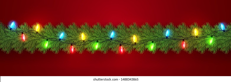 Festive Christmas or New Year garland. Christmas Tree Branches. Holiday's Background. Vector illustration.