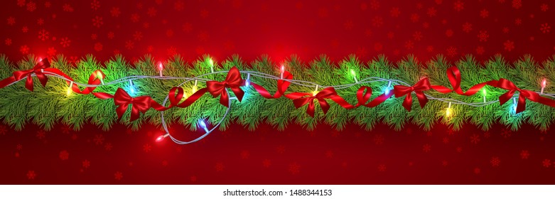 Festive Christmas or New Year garland. Christmas Tree Branches. Holiday's Background. Vector illustration.