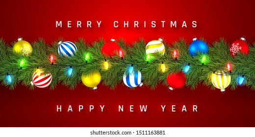 Festive Christmas or New Year garland. Christmas Tree Branches. Holiday's Background. Vector illustration.