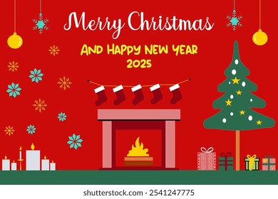 A festive Christmas and New Year greeting card with a fireplace, decorated Christmas tree, gifts, and ornaments.  The card is designed in a flat, minimal style and features a warm, cozy atmosphere.