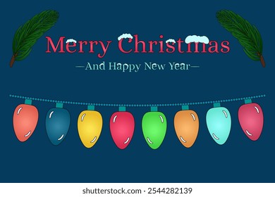 Festive Christmas and New Year greeting featuring a colorful light garland and pine branches. Perfect for holiday decorations and designs.