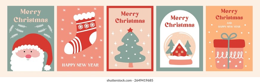 Festive Christmas and New Year greeting card collection with Santa Claus, stocking, tree, snow globe. Vector.