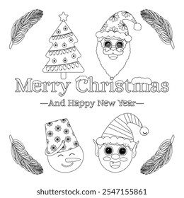 Festive Christmas and New Year illustration with Santa, elf, snowman, and holiday greetings. Perfect for coloring pages and seasonal designs.