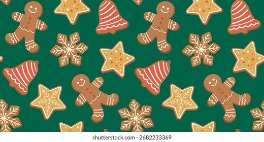 Patrón festivo de Navidad y Año Nuevo con estrellas de hombres de jengibre copos de nieve y campanas de fondo verde sin fisuras