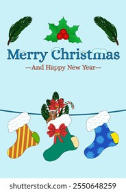 Festive Christmas and New Year postcard with holly, stockings, pine branches, and holiday greetings on a blue background. A3 postcard.