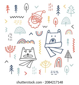 Festive Christmas and New Year Scandinavian vector set with bears, Santa and lots of doodles on the theme of winter, forests. Universal greeting collection, for children, textiles, wrappers, postcards