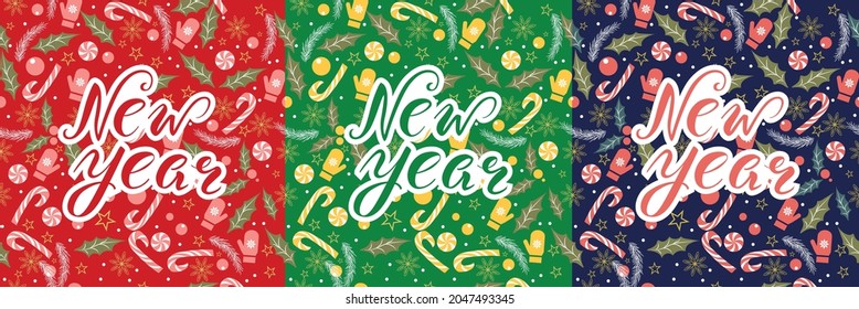 Festive Christmas New Year seamless pattern. Vector image. lettering