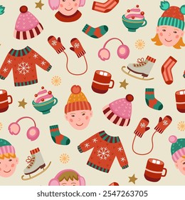 Festive Christmas and New Year seamless pattern with winter clothes, boy and girl. Vector background