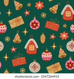 Festive Christmas and New Year seamless pattern with gifts and decorations. Vector background
