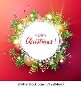 Festive Christmas and New Year vector design with fir tree branches, gold confetti, xmas ornaments, glowing stars and light garlands.