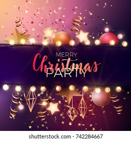 Festive Christmas and New Year vector party flyer or dinner invitation design with gold confetti, xmas ornaments, glowing stars and light garlands.
