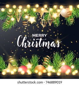 Festive Christmas and New Year vector design with fir tree branches, gold confetti, xmas ornaments, glowing stars and light garlands.