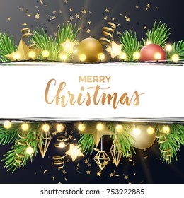 Festive Christmas and New Year vector design with fir tree branches, gold confetti, xmas ornaments, glowing stars and light garlands.