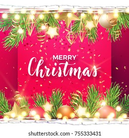 Festive Christmas and New Year vector design with fir tree branches, gold confetti, xmas ornaments, glowing stars and light garlands.