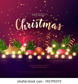 Festive Christmas and New Year vector party flyer or dinner invitation design with fir tree branches, gold confetti, xmas ornaments, glowing stars and light garlands.