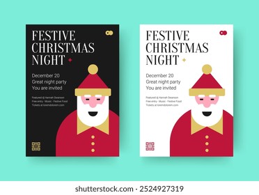 Festliche Weihnachtsnacht Party geometrische Weihnachtsmann Flyer Design Vorlage Satz Vektor flache Illustration. Frohes neues Jahr Weihnachten Winterurlaub feiern Musik-Event modernes Poster Großvater Charakter