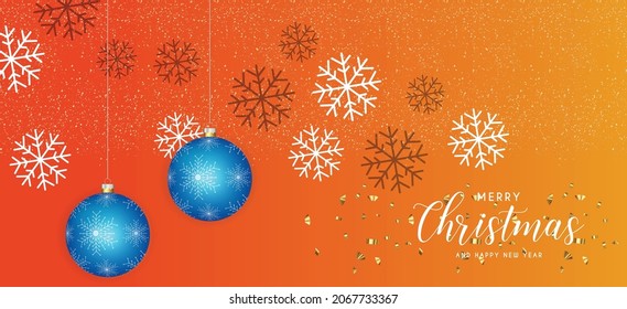 Festive Christmas Orange Background with blue ball Golden Christmas Decorations and Golden Glitters. Vector Illustration.