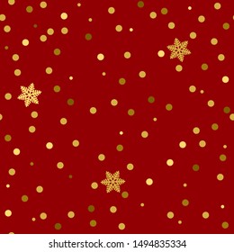 Festive Christmas ornament golden snow and snowflakes fall on a red background. concept of winter new year holidays. vector illustration