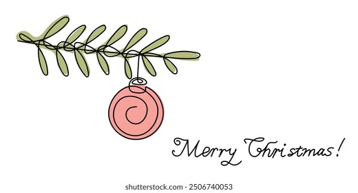 A festive Christmas ornament hanging from a green pine branch with a cheerful greeting