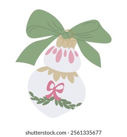 Festive Christmas ornament illustration with white bauble with pink and green details, green bow, and delicate decorative elements. Vector drawing isolated on white background