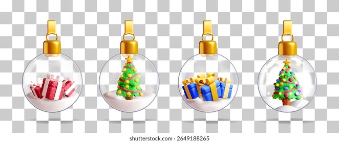 Festive Christmas ornament set with snow globe concept. Transparent xmas ball with gift box and decorated tree for holiday design.