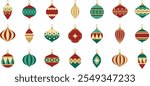 festive christmas ornaments. red green gold vintage christmas balls vector set illustration art retro christmas tree decoration decorative sticker golden luxury merry christmas xmas fun carnival theme