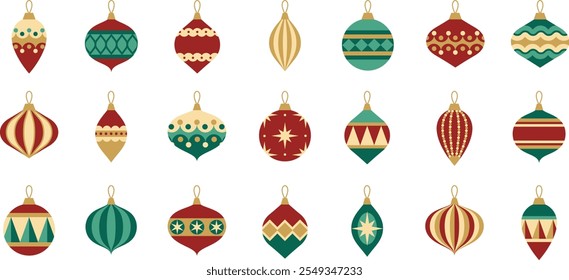 festive christmas ornaments. red green gold vintage christmas balls vector set illustration art retro christmas tree decoration decorative sticker golden luxury merry christmas xmas fun carnival theme