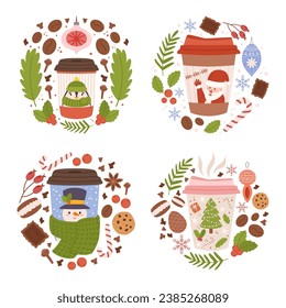 Festive Christmas Paper Coffee Cups Adorned With Merry Motifs, like Cute Penguin, Santa Claus, Snowman and Decorated Pine Tree. Mugs, Perfect For Sipping Holiday Cheer. Cartoon Vector Illustration