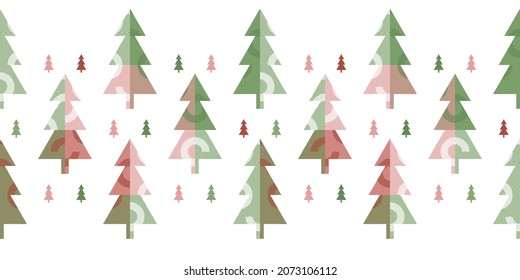 Festive Christmas park Border with  colourful decorated geometric trees on white background. Abstract seamless vector pattern suitable for wrapping paper, home decor and stationery. 