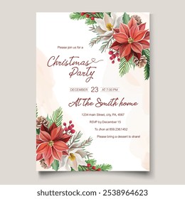 Festive Christmas party invitation template featuring winter flowers, red berries, and fir tree branches. Perfect for celebrating the holiday season with style and joy.